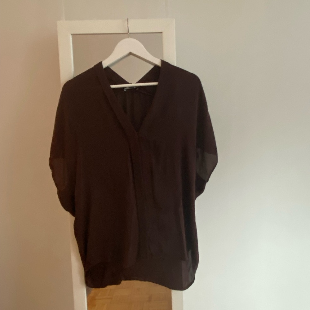 🌼 Vince 100% Silk Blouse brown chocolate short sleeve earthy top tee shirt - Picture 4 of 5